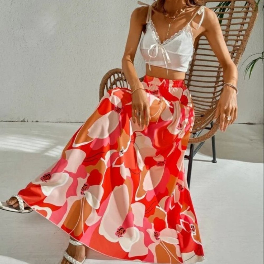 Boho Floral Tropical Maxi Skirt Vacation RED - Picture 8 of 9
